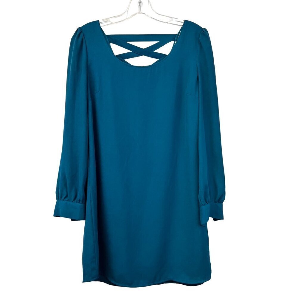 Blu Pepper Women’s Scoop Neck Long Sleeve Shift Dress Teal Caged Back Short S